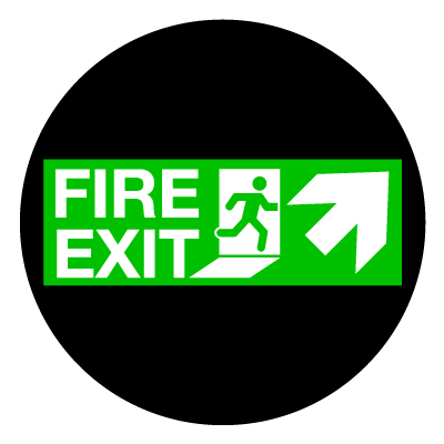 Green 'Fire exit up right' safety signage gobo.