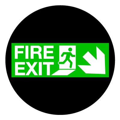 Green 'Fire exit down right' safety signage gobo.