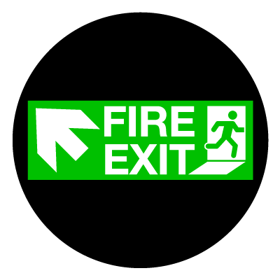 Green 'Fire exit up left' safety signage gobo.