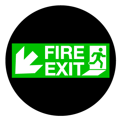 Green 'Fire exit down left' safety signage gobo.