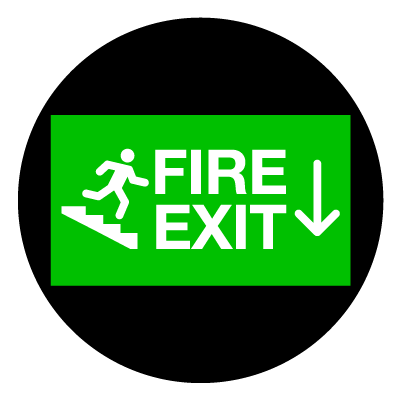 Green 'Fire exit down stairs' safety signage gobo.