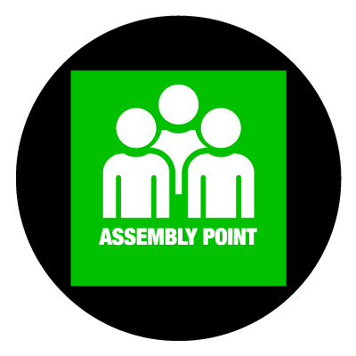 Green assembly point safety signage gobo.