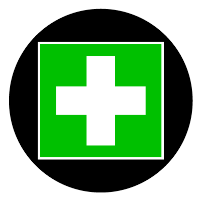 Green square first aid safety signage gobo.