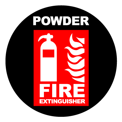 Red 'Powder Fire Extinguisher' safety signage gobo.