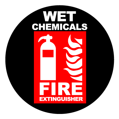 Red 'Wet Chemicals Fire Extinguisher' safety signage gobo.