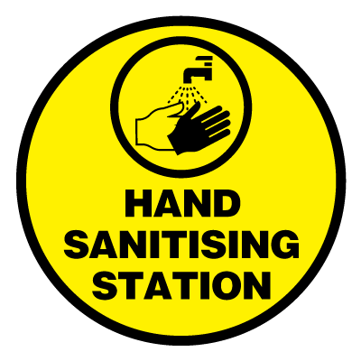 Yellow 'hand sanitising station' safety signage gobo.