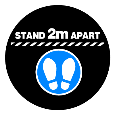 Blue 'stand 2m apart' social distancing signage gobo.