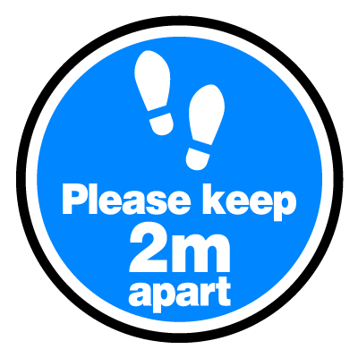 Blue 'please keep 2m apart' social distancing signage gobo.