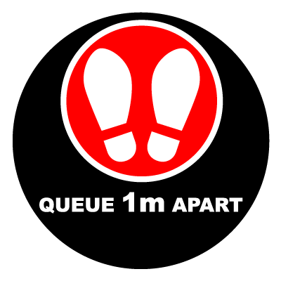 Red 'queue 1m apart' social distancing signage gobo.
