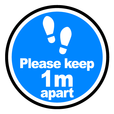 Blue 'please keep 1m apart' social distancing signage gobo.