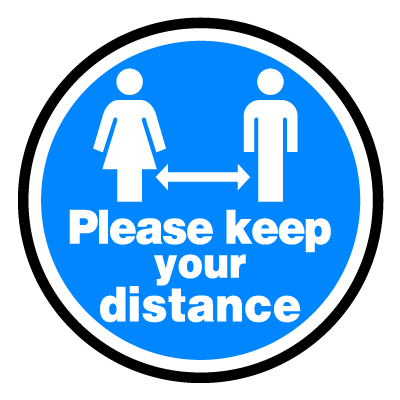 Blue 'please keep your distance' social distancing signage gobo.