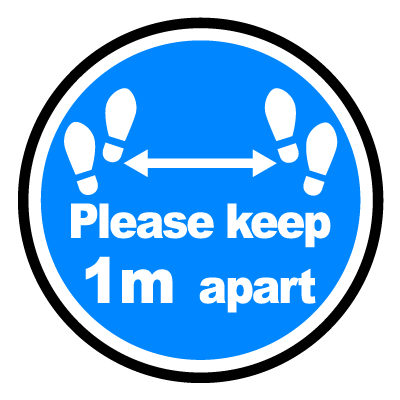 Blue circular 'please keep 1m apart' social distancing signage gobo.