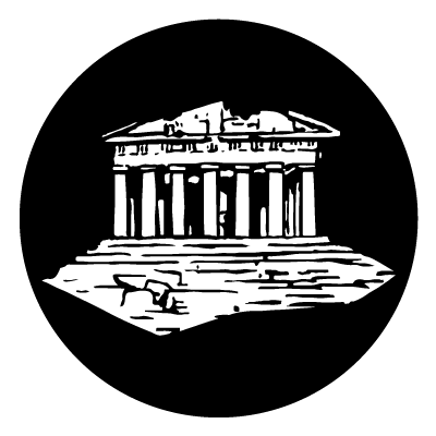 Illustration of an Acropolis up the top of stairs, on a black circle.