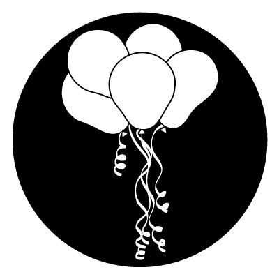 White silhouette of a bunch of balloons with curled string on a black circle gobo.