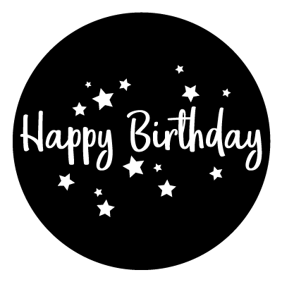 White 'Happy Birthday' text surrounded by stars on a black circle gobo.