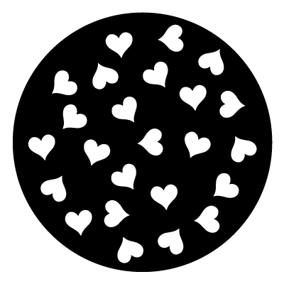 Multiple small white hearts in different orientations on a black circle gobo.