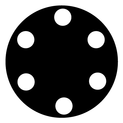 6 white circles in a circular formation on a black circle gobo.