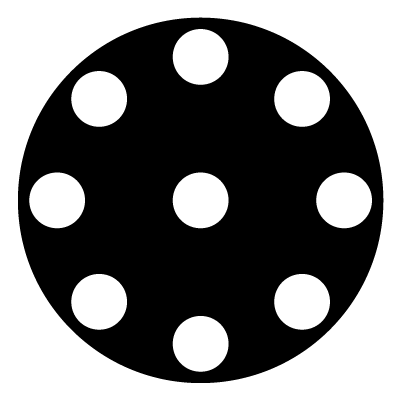 Nine white circles in a circular formation with one circle in the centre on a black circle gobo.