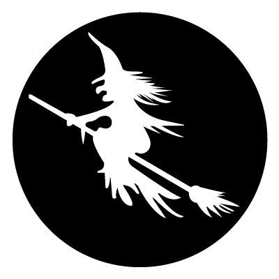 White silhouette of a witch on a broomstick on a black circle gobo.