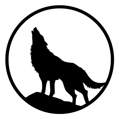 Silhouette of a howling wolf in front of a full moon on a black circle gobo.