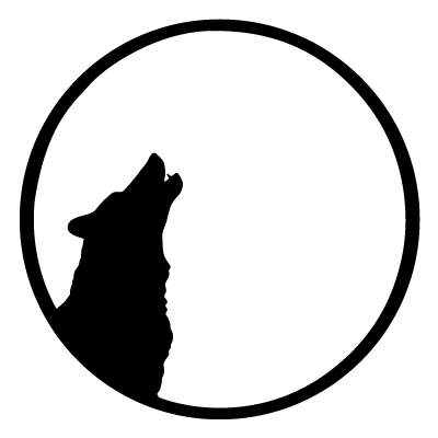 Silhouette of a wolfs head howling in front of a full moon on a black circle gobo.