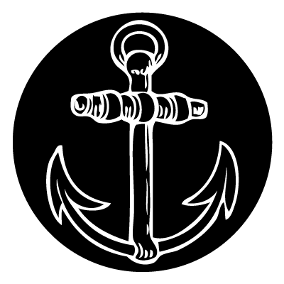 White outline of an anchor on a black circle gobo.