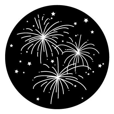 Three white stylised fireworks with stars on a black circle gobo.