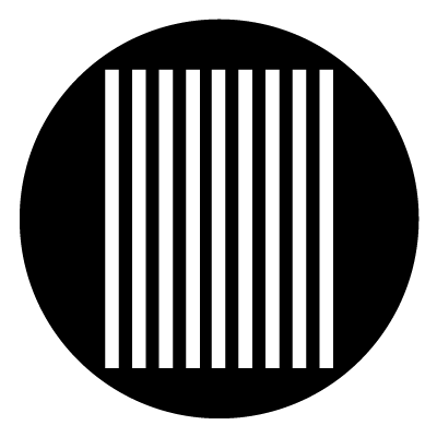 Nine evenly spaced vertical white lines on a black circle gobo.