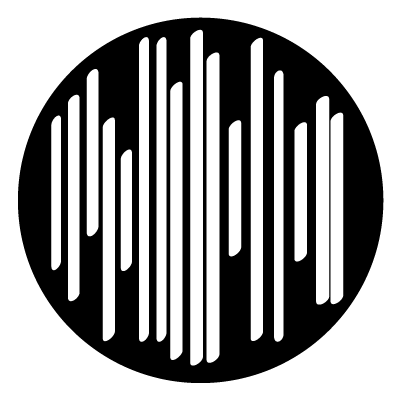 Thick white vertical lines of varying lengths with rounded angled ends on a black circle gobo.