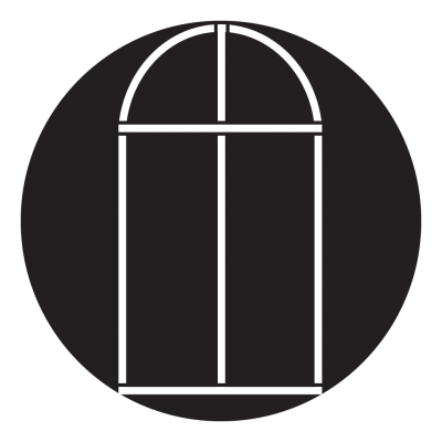 White outline of an arched window with a line down the centre and across the top, creating a semi circle split into two. On a black circle.