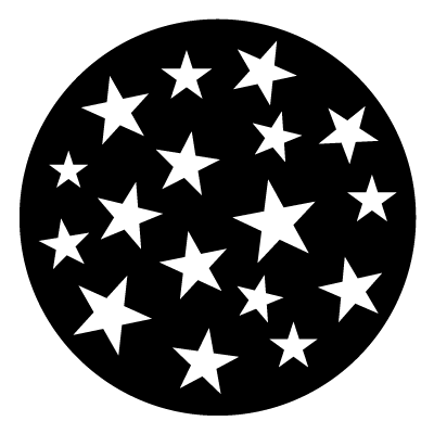 Multiple white stars in slightly varied sizes and orientations on a back circle gobo.