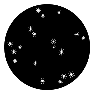 Multiple scattered small white 8 sided stars with curved edges on a black circle gobo.