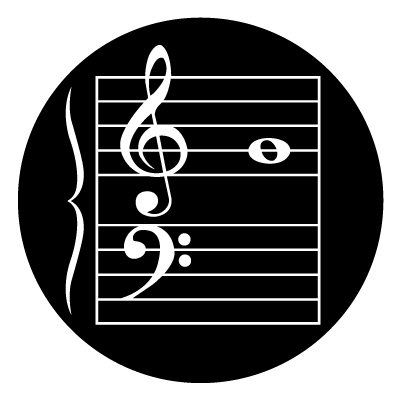 White lined section of sheet music with treble clef on a black circle gobo.
