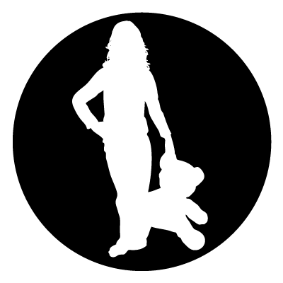 White silhouette of a girl holding a teddy bear on a black circle gobo.