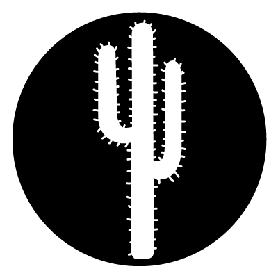 White silhouette of a spiked cactus on a black circle gobo.