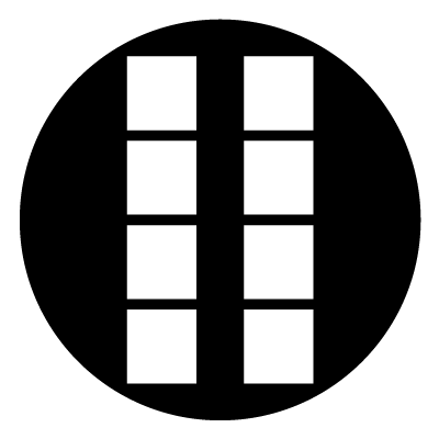 2 rows of 4 white rectangles stacked on top of each other, on a black circle.