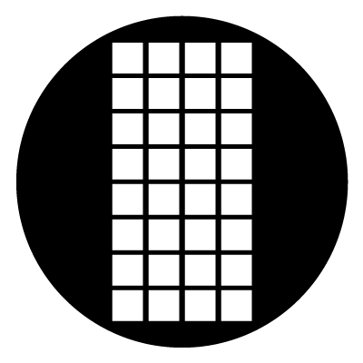 White squares in a 4x8 grid to make a window shape. On a black circle.