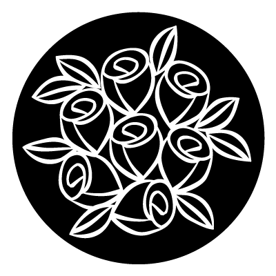 White stylised outlines of a bunch of roses on a black circle gobo.