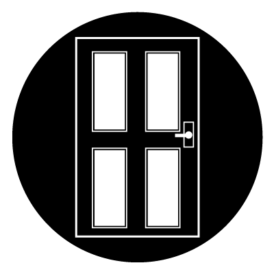 White outline of a door with 4 white panels in the centre and a handle to the right. All on a black circle.