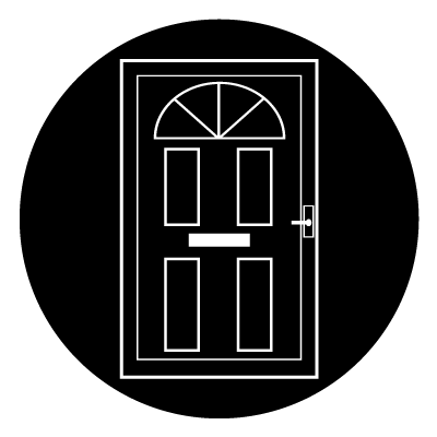 White illustration of a door with a semi circle window at the top and for rectangular windows below. With a letterbox in the middle and door handle to the right.