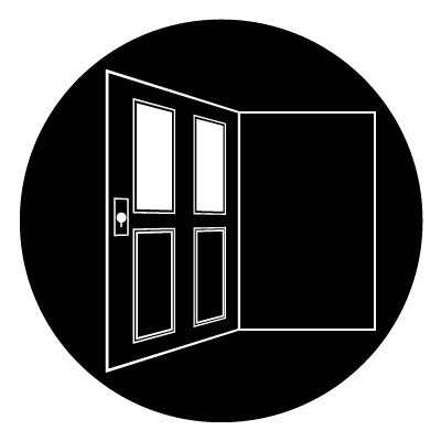 White illustration of a door opening to the left.