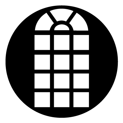 White semi circle church window on a black circle.