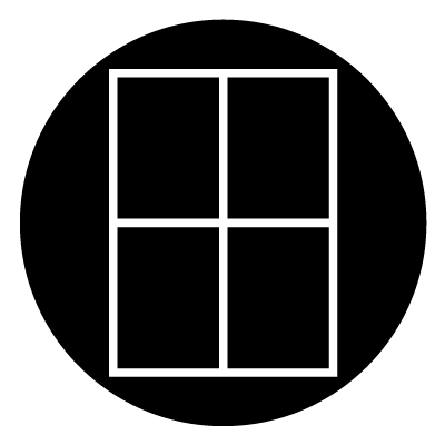 White window outline with central horizontal and vertical lines inside to create a sash window. On a black circle.