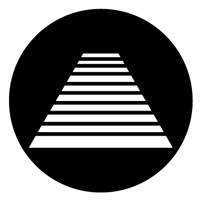 White pyramid shape with no point with black horizontal lines on a black circle gobo.